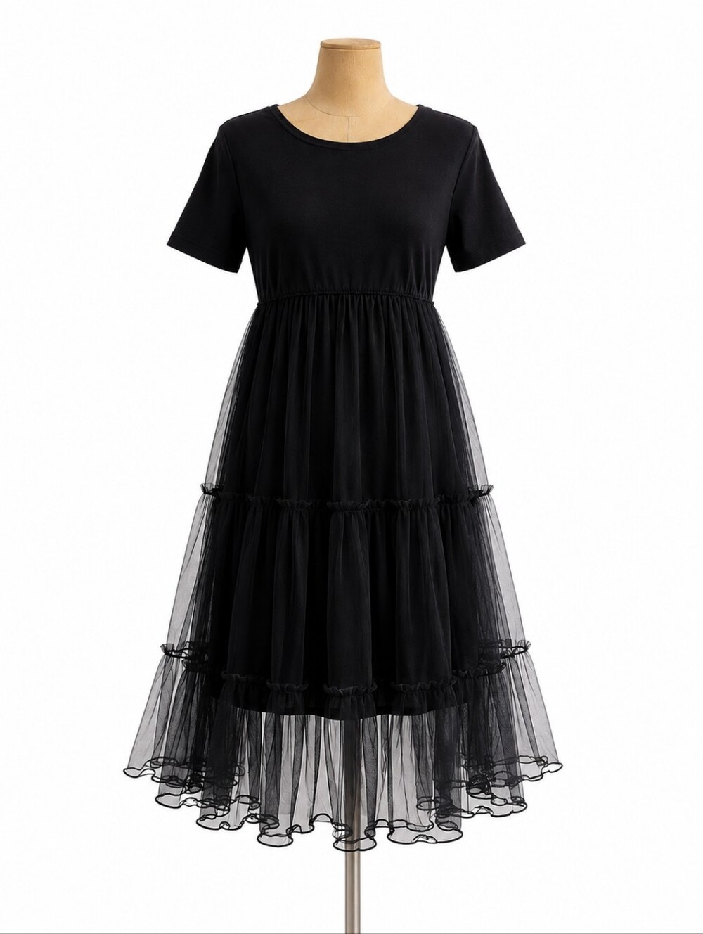 Black Tulle Midi Dress Layered Mesh Skirt Short Sleeve Romantic A-Line Dress Siz